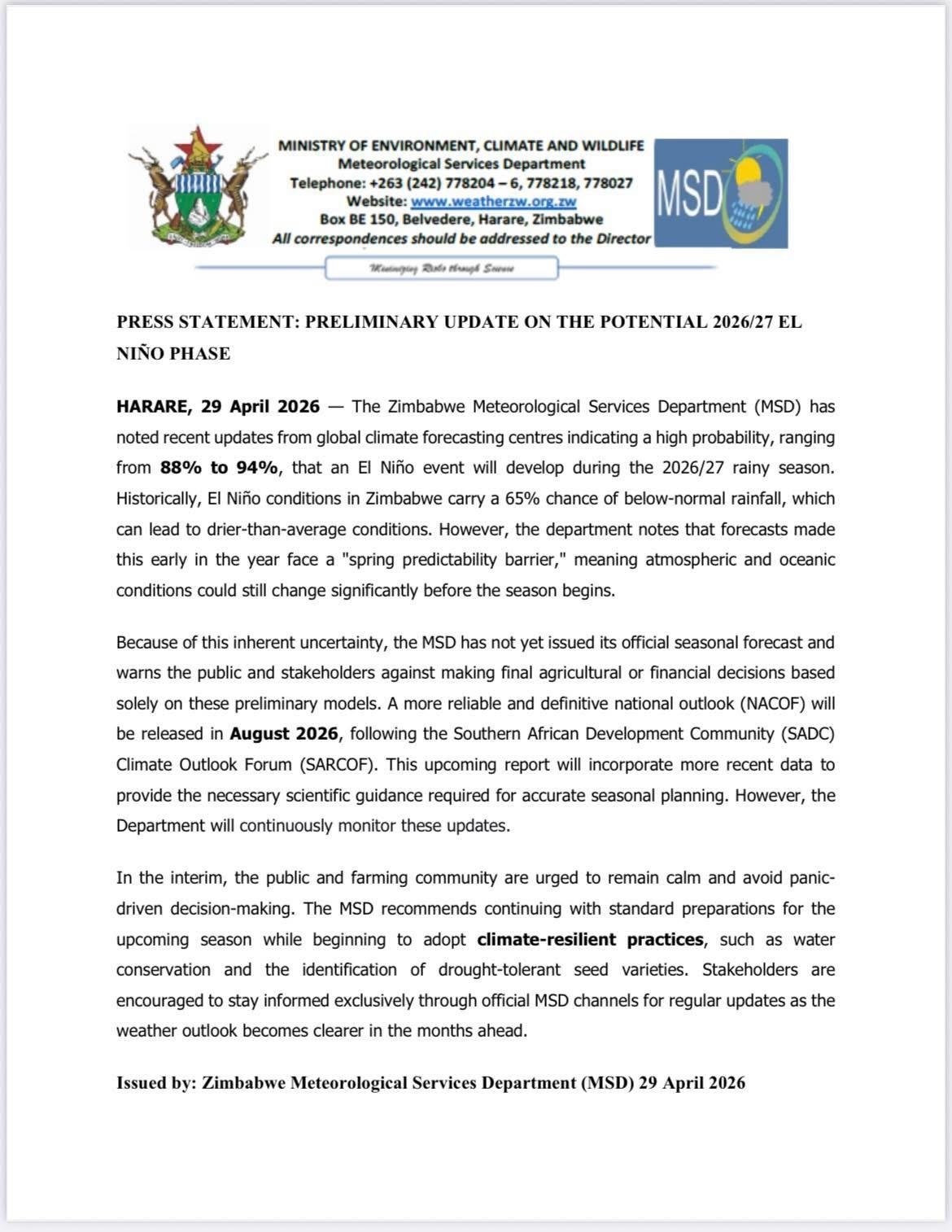 POTENTIAL EL NIÑO PHASE LOOMS OVER ZIMBABWE’S 2026/27 RAINY SEASON – URGENT PRELIMINARY WARNING ISSUED